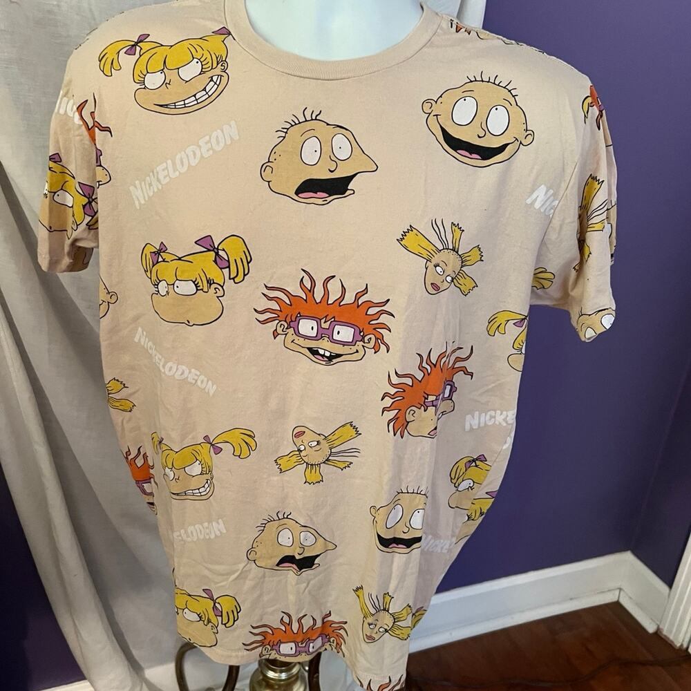 NICKELODEON RUGRATS Mens T-shirt beige tan all over print 90s cartoon Medium